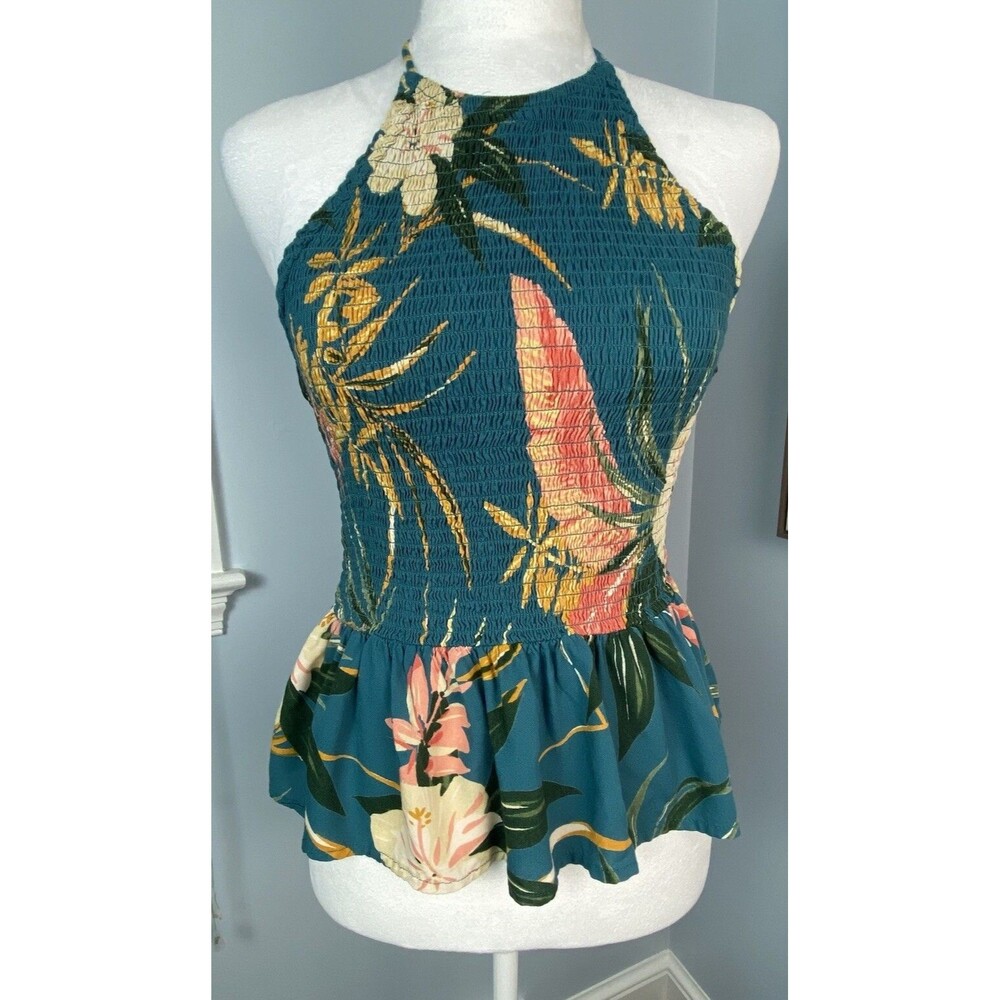 Patrons of Peace Teal Floral Halter Tank Top with Pink & Yellow Accents
